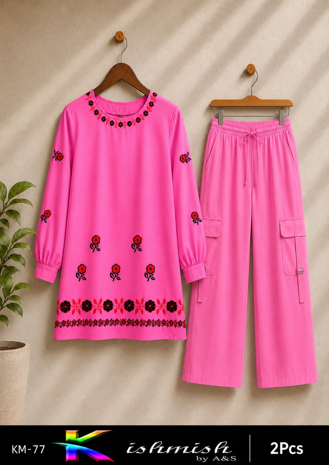 Embroidered 2-Piece Suit with 4-Pocket Cargo Pants