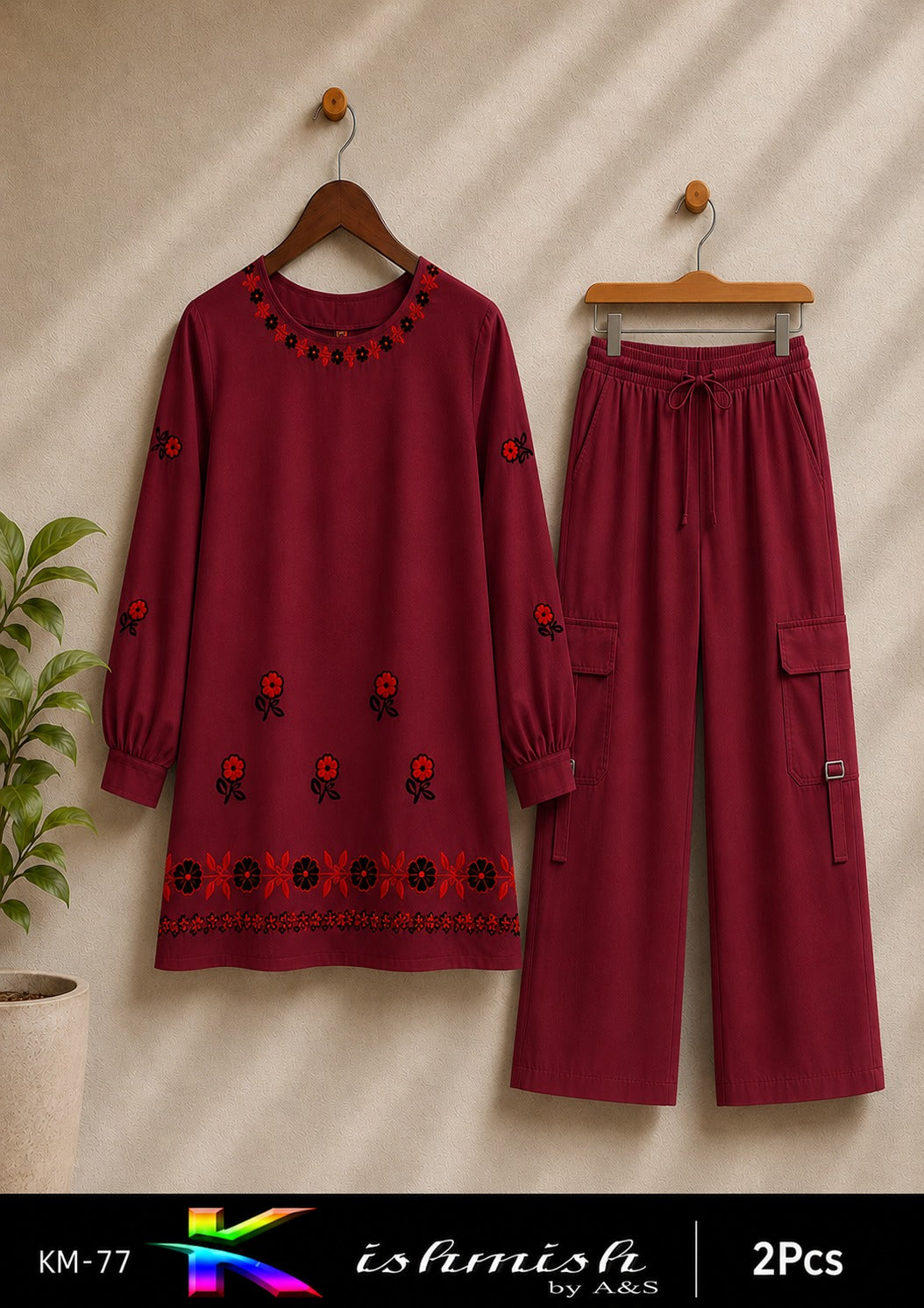 Embroidered 2-Piece Suit with 4-Pocket Cargo Pants