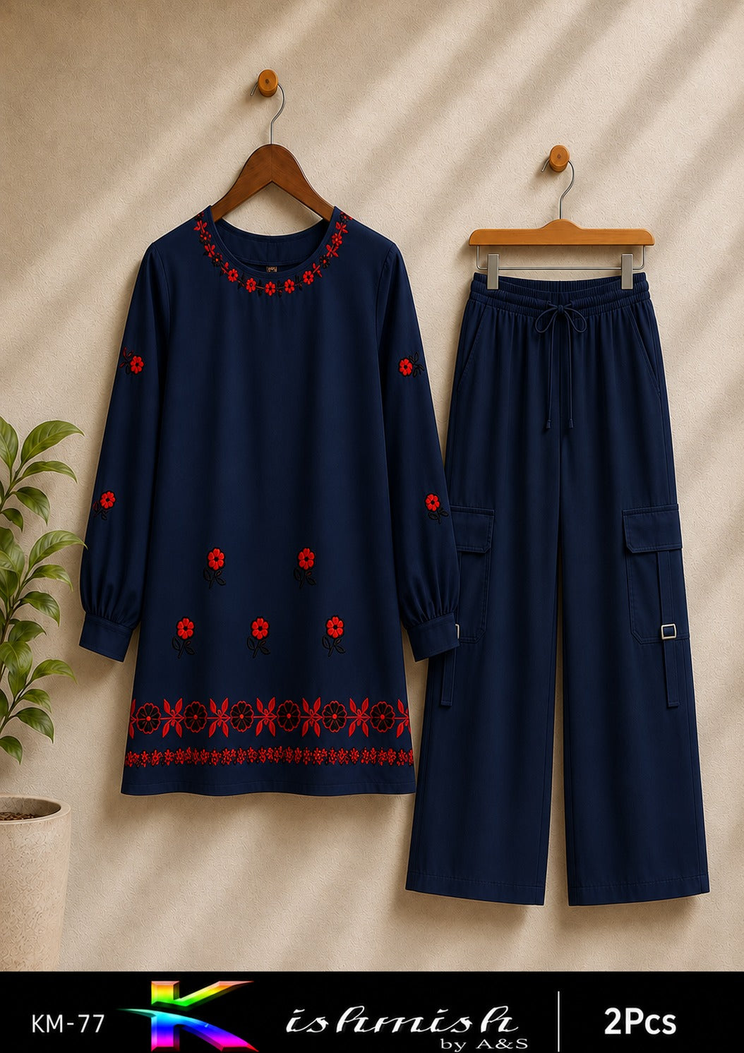 Embroidered 2-Piece Suit with 4-Pocket Cargo Pants