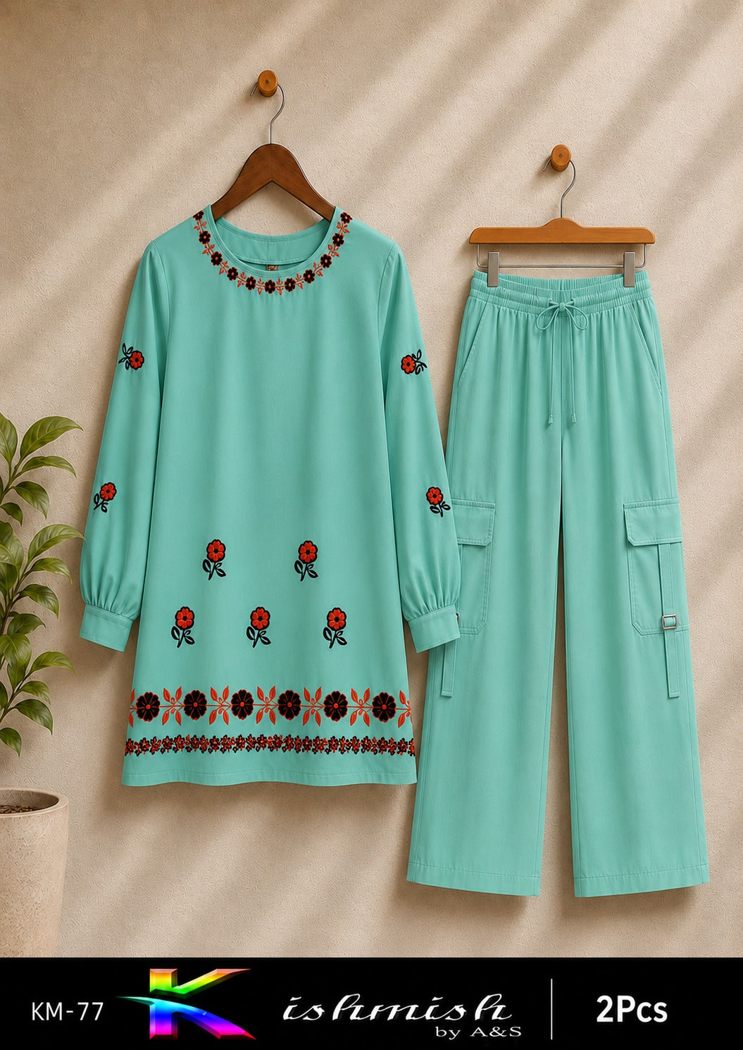 Embroidered 2-Piece Suit with 4-Pocket Cargo Pants