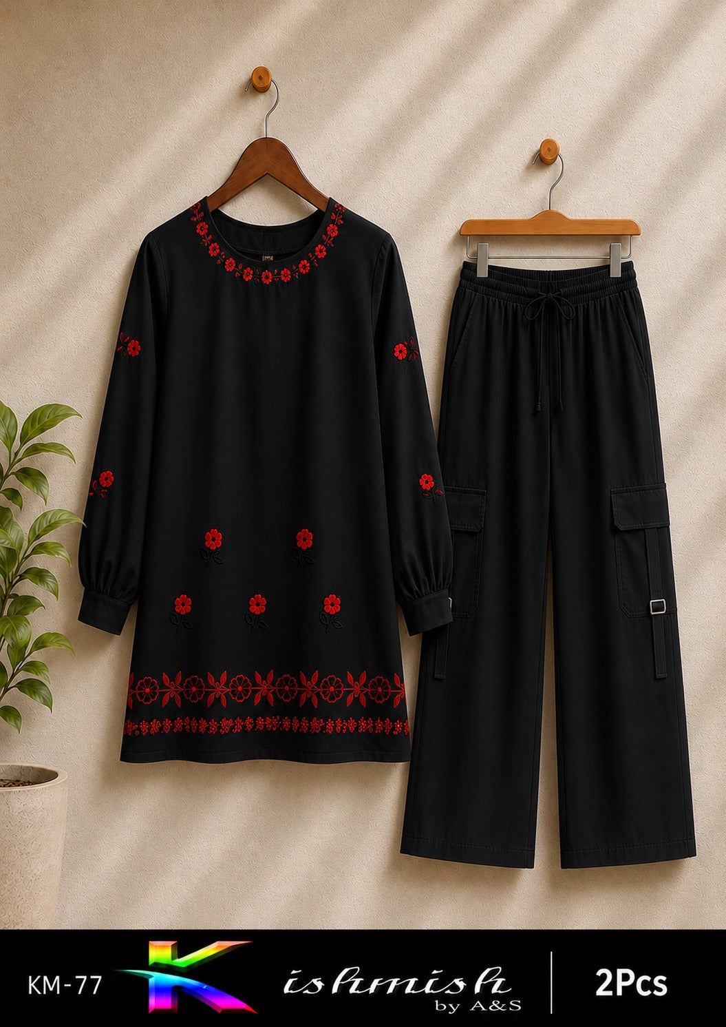 Embroidered 2-Piece Suit with 4-Pocket Cargo Pants