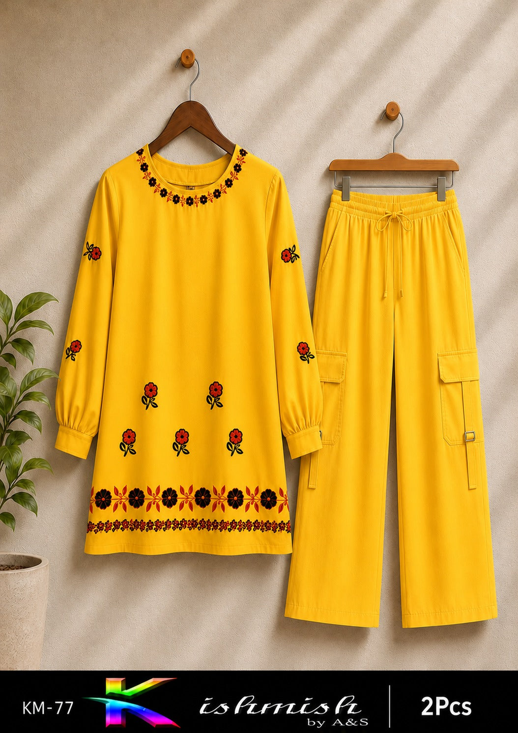 Embroidered 2-Piece Suit with 4-Pocket Cargo Pants