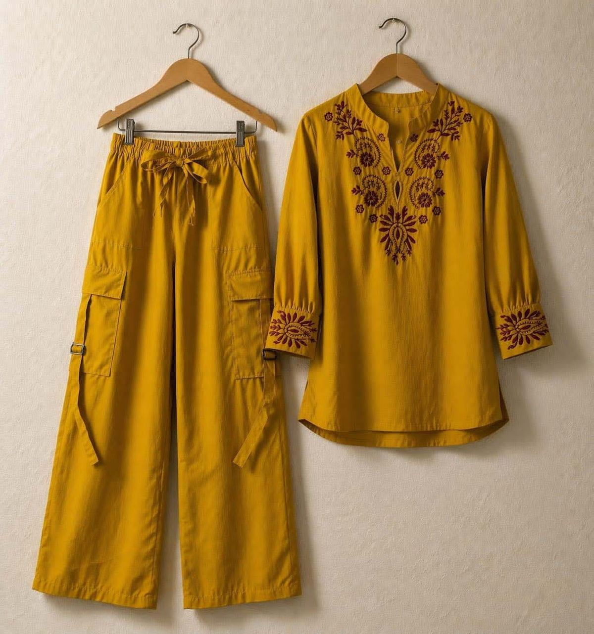 🌸👗 KISHMISH EMBROIDERY 2-PCS SUIT WITH 4-POCKET CARGO PANTS 👖✨