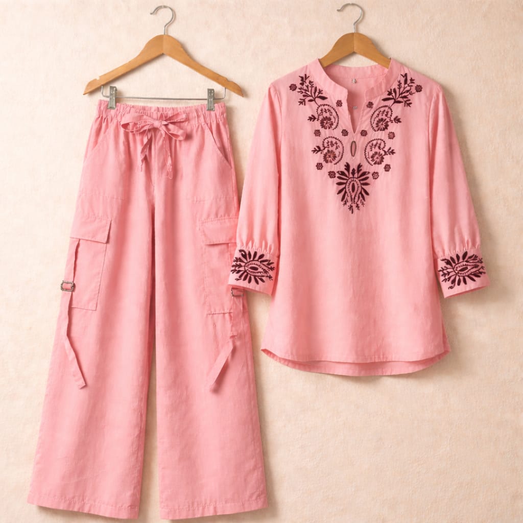🌸👗 KISHMISH EMBROIDERY 2-PCS SUIT WITH 4-POCKET CARGO PANTS 👖✨