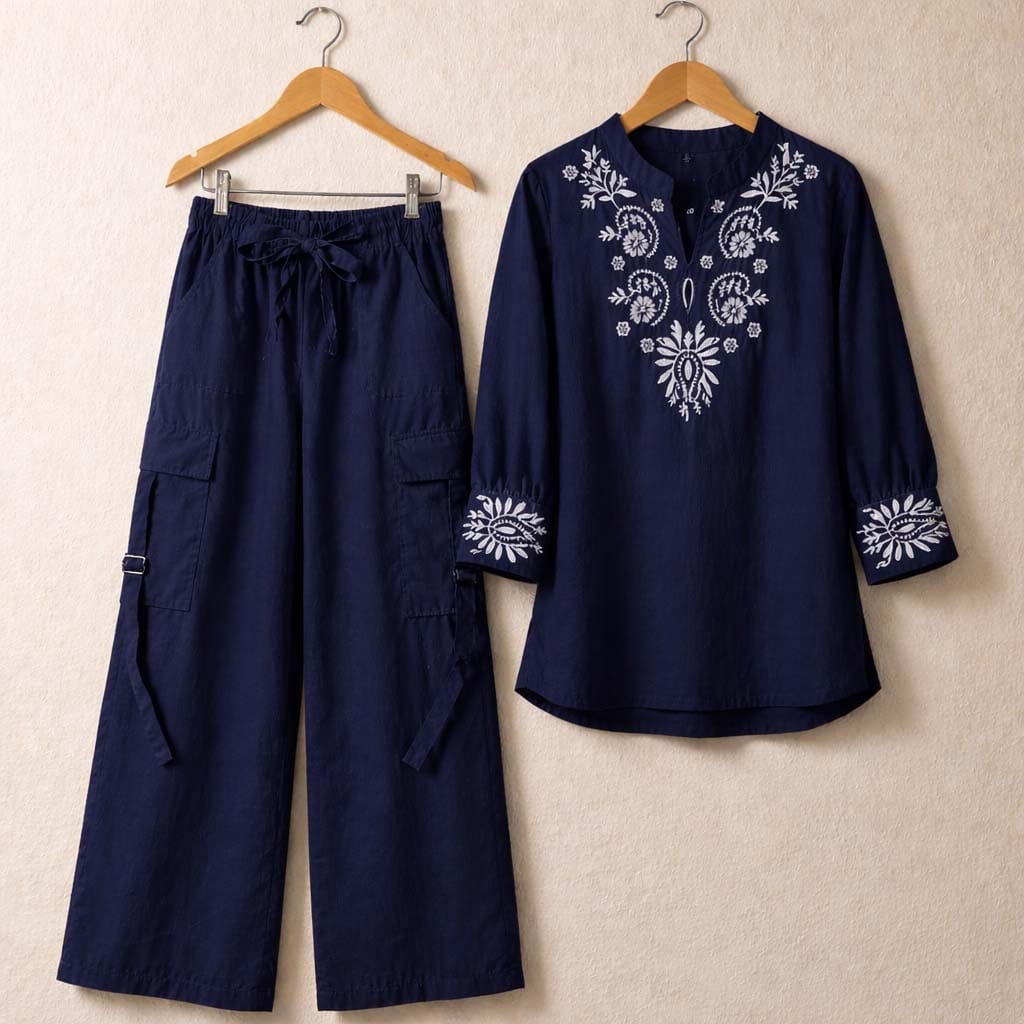 🌸👗 KISHMISH EMBROIDERY 2-PCS SUIT WITH 4-POCKET CARGO PANTS 👖✨