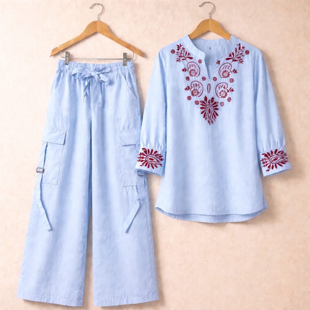 🌸👗 KISHMISH EMBROIDERY 2-PCS SUIT WITH 4-POCKET CARGO PANTS 👖✨