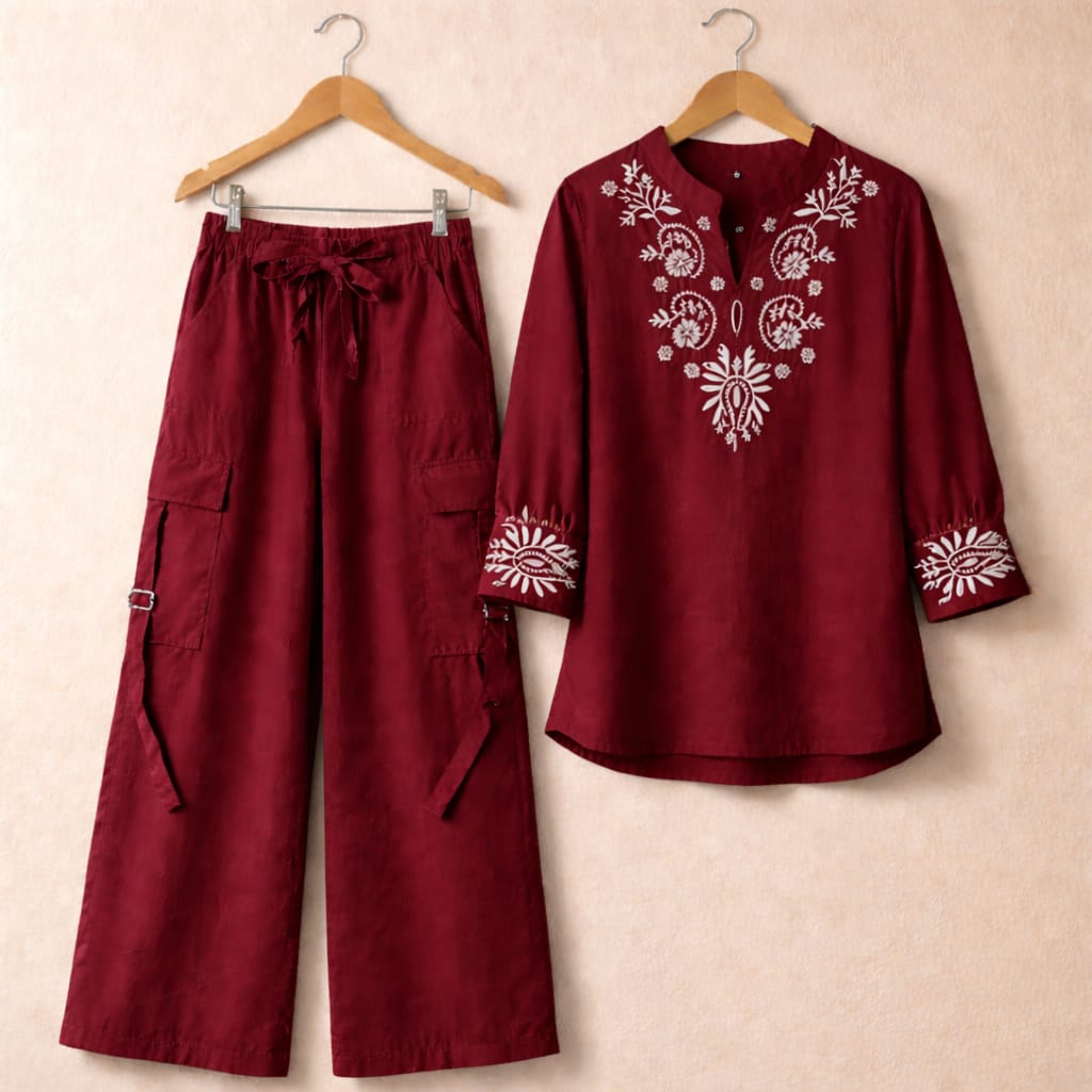 🌸👗 KISHMISH EMBROIDERY 2-PCS SUIT WITH 4-POCKET CARGO PANTS 👖✨