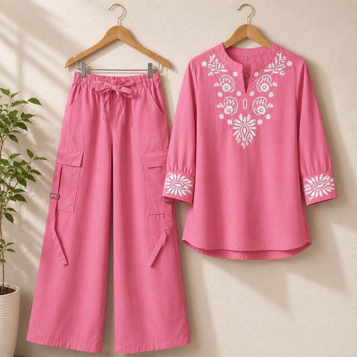 🌸👗 KISHMISH EMBROIDERY 2-PCS SUIT WITH 4-POCKET CARGO PANTS 👖✨