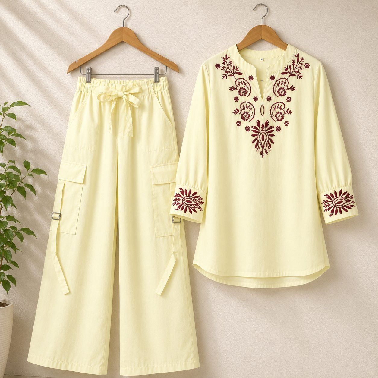 🌸👗 KISHMISH EMBROIDERY 2-PCS SUIT WITH 4-POCKET CARGO PANTS 👖✨